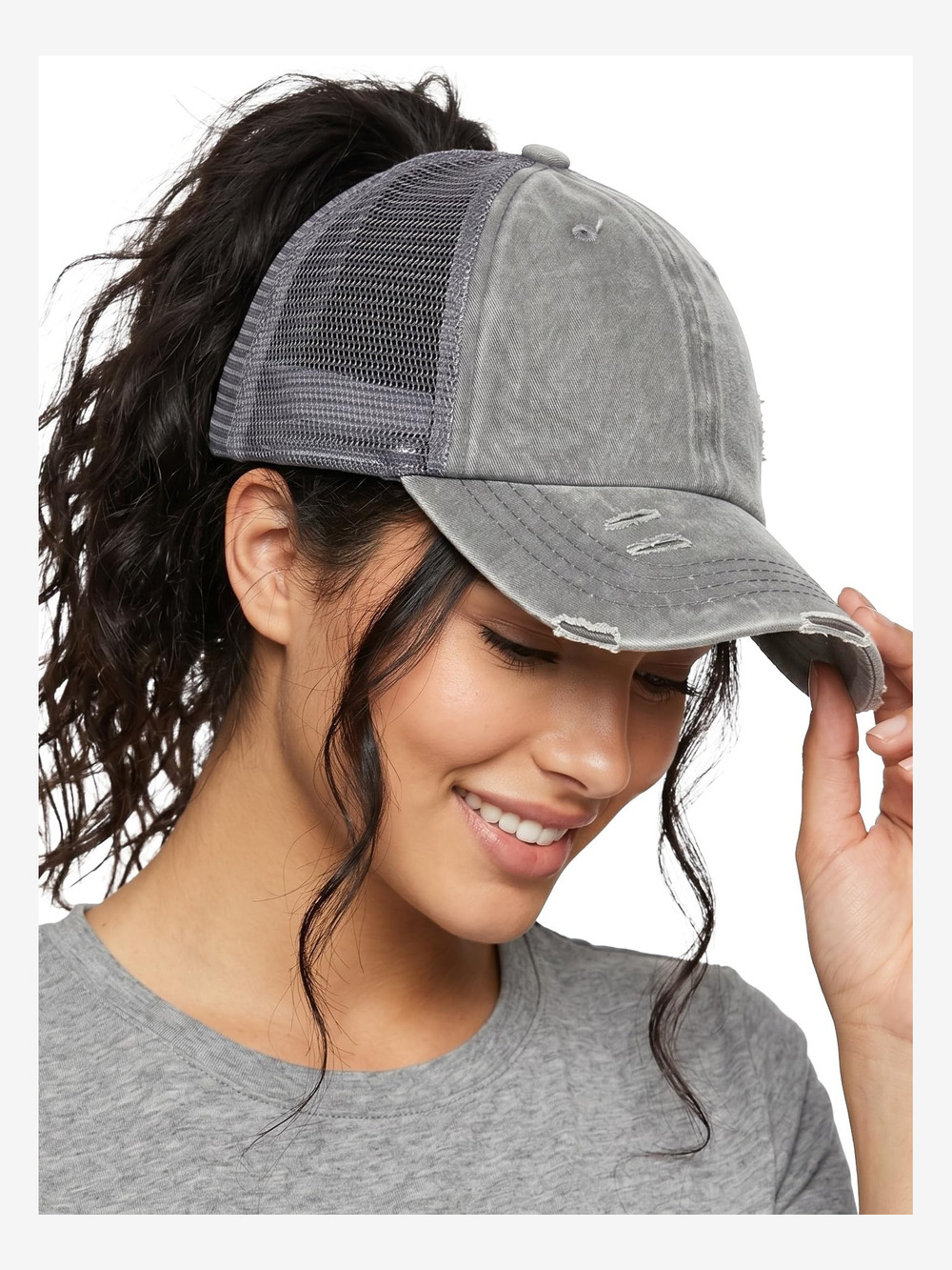Criss Cross Ponytail Cap, Messy Bun Distressed | Gray (Distressed) | Size OS